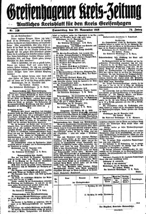 Greifenhagener Kreiszeitung vom 28.11.1918