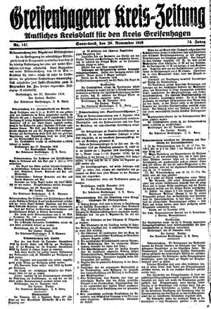 Greifenhagener Kreiszeitung on Nov 30, 1918
