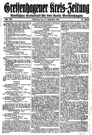 Greifenhagener Kreiszeitung vom 17.12.1918