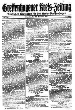 Greifenhagener Kreiszeitung vom 24.12.1918