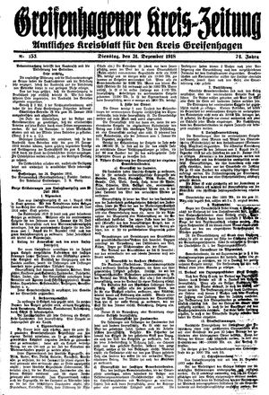 Greifenhagener Kreiszeitung vom 31.12.1918