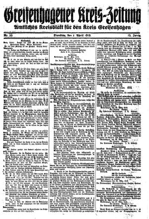 Greifenhagener Kreiszeitung vom 01.04.1919
