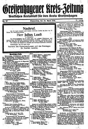 Greifenhagener Kreiszeitung vom 24.04.1919