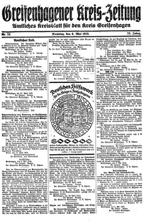 Greifenhagener Kreiszeitung on May 6, 1919