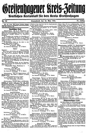 Greifenhagener Kreiszeitung on May 10, 1919