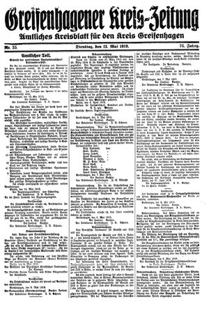 Greifenhagener Kreiszeitung vom 13.05.1919