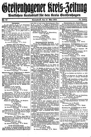 Greifenhagener Kreiszeitung on May 17, 1919