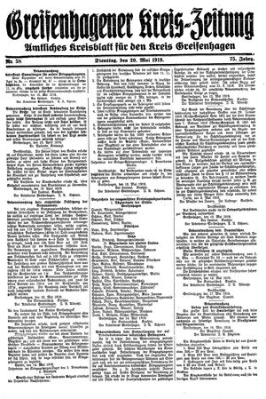 Greifenhagener Kreiszeitung vom 20.05.1919