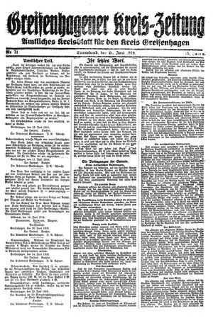Greifenhagener Kreiszeitung vom 21.06.1919
