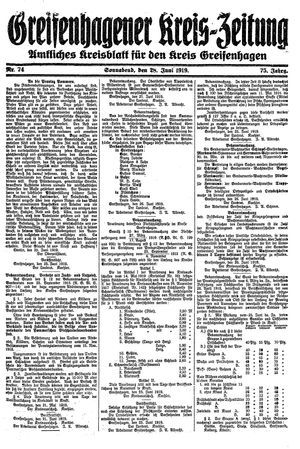 Greifenhagener Kreiszeitung vom 28.06.1919