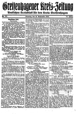 Greifenhagener Kreiszeitung vom 16.09.1919