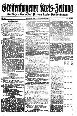 Greifenhagener Kreiszeitung vom 23.09.1919