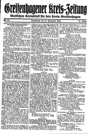 Greifenhagener Kreiszeitung vom 27.09.1919