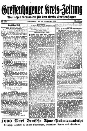 Greifenhagener Kreiszeitung vom 27.11.1919