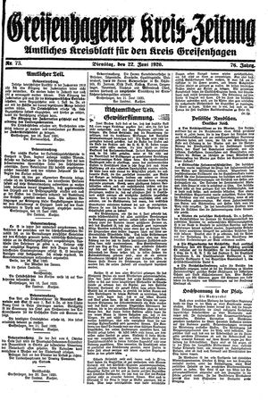 Greifenhagener Kreiszeitung vom 22.06.1920