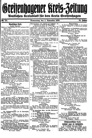 Greifenhagener Kreiszeitung on Nov 4, 1920