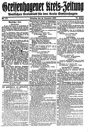 Greifenhagener Kreiszeitung vom 14.12.1920