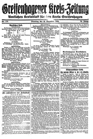 Greifenhagener Kreiszeitung vom 21.12.1920