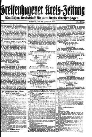 Greifenhagener Kreiszeitung vom 22.02.1921