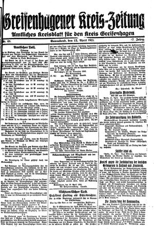 Greifenhagener Kreiszeitung vom 23.04.1921