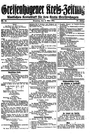 Greifenhagener Kreiszeitung on May 3, 1921