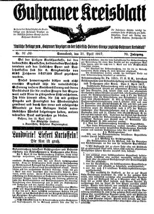 Guhrauer Anzeiger an der Schlesisch-Posener Grenze on Apr 21, 1917