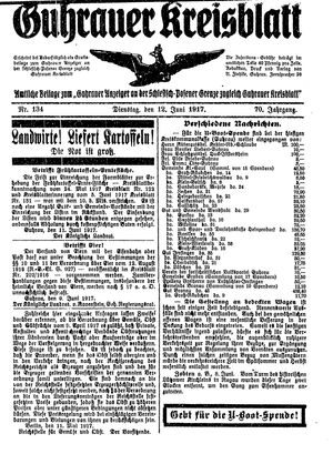 Guhrauer Anzeiger an der Schlesisch-Posener Grenze vom 12.06.1917