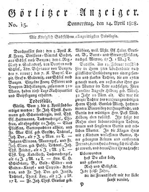 Görlitzer Anzeiger on Apr 14, 1808