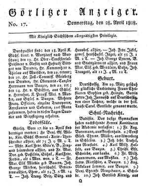 Görlitzer Anzeiger vom 28.04.1808