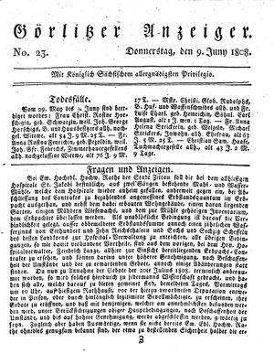 Görlitzer Anzeiger vom 09.06.1808