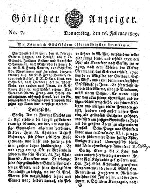 Görlitzer Anzeiger vom 16.02.1809