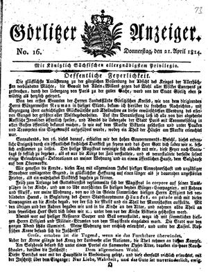 Görlitzer Anzeiger on Apr 21, 1814