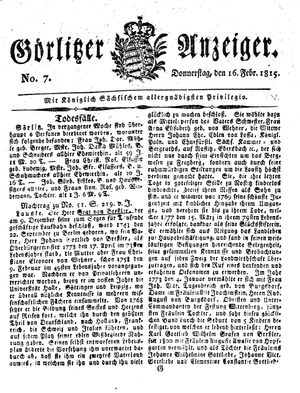 Görlitzer Anzeiger vom 16.02.1815