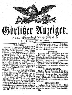 Görlitzer Anzeiger vom 15.06.1815