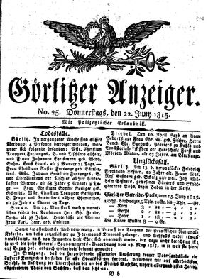 Görlitzer Anzeiger vom 22.06.1815