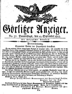 Görlitzer Anzeiger vom 14.09.1815