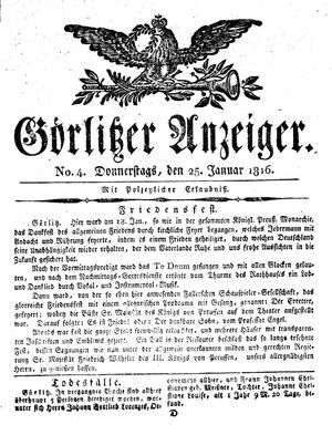 Görlitzer Anzeiger vom 25.01.1816