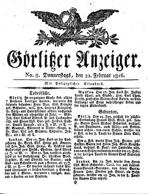 Görlitzer Anzeiger on Feb 22, 1816