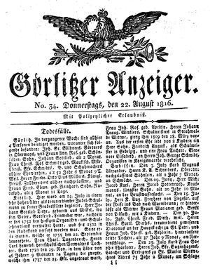 Görlitzer Anzeiger on Aug 22, 1816
