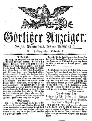 Görlitzer Anzeiger on Aug 29, 1816