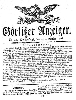 Görlitzer Anzeiger on Nov 14, 1816