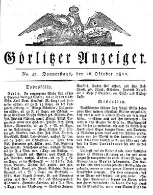 Görlitzer Anzeiger vom 26.10.1820