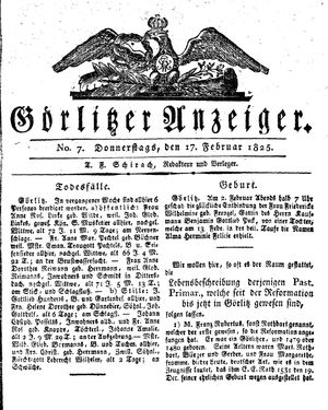 Görlitzer Anzeiger vom 17.02.1825