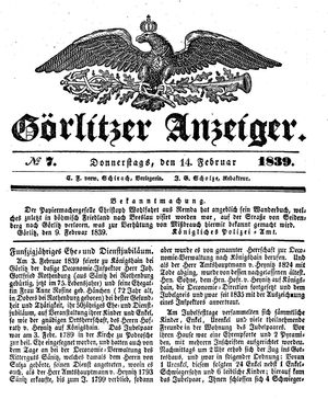 Görlitzer Anzeiger vom 14.02.1839