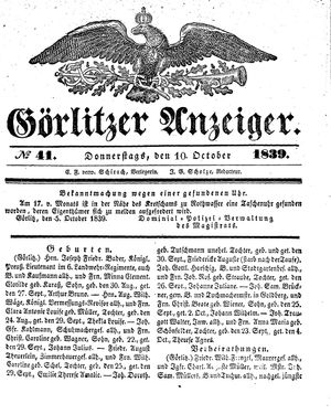 Görlitzer Anzeiger vom 10.10.1839