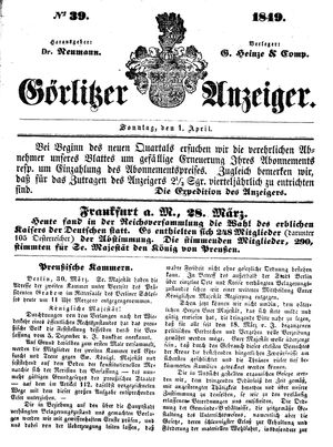 Görlitzer Anzeiger on Apr 1, 1849