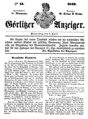 Görlitzer Anzeiger on Apr 5, 1849