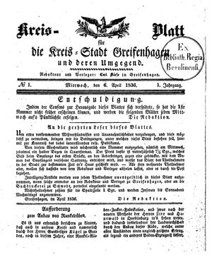 Kreisblatt für die Kreisstadt Greifenhagen und Umgegend vom 06.04.1836