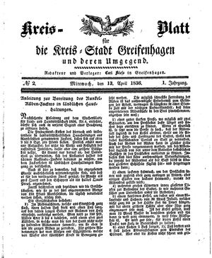 Kreisblatt für die Kreisstadt Greifenhagen und Umgegend vom 13.04.1836