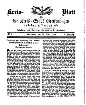 Kreisblatt für die Kreisstadt Greifenhagen und Umgegend vom 20.04.1836